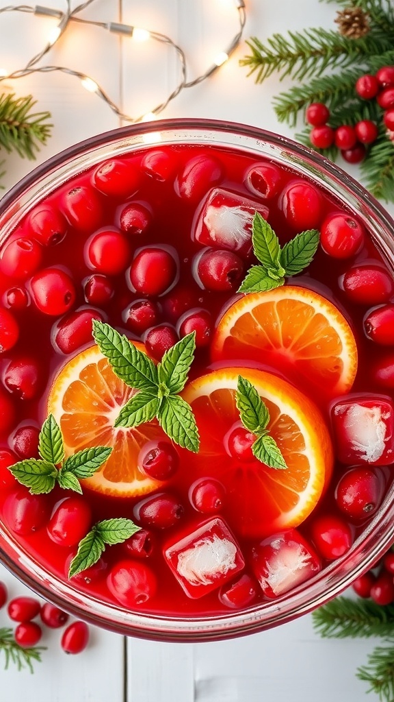 A colorful Christmas punch in a bowl, garnished with cranberries and orange slices, served in glasses with ice.
